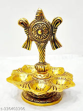 Aluminium Tirupati Balaji Panch Mukhi Diya with Shanku Stand, height 12.5 inches, traditional Indian metal lamp