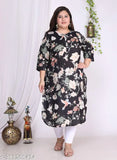Black plus size floral print cotton kurta with three-quarter sleeves. Large women's ethnic wear, pure cotton, printed combo