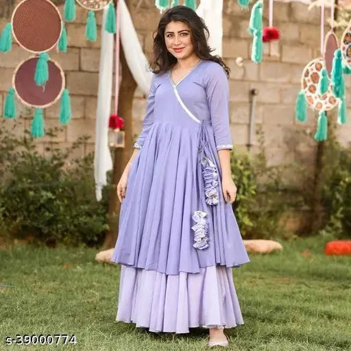 Rayon Anarkali Kurti with Sharara, solid-patterned designer women's ensemble for parties, L size with a bust measurement of 40 inches