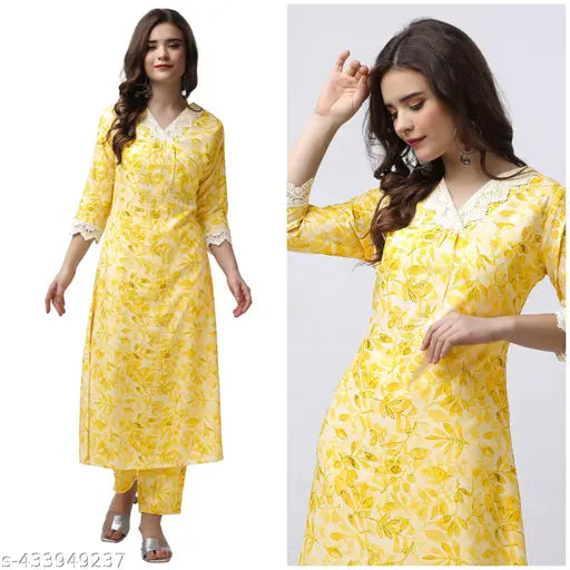 White Rayon Kurti Pant Set with Embroidered V-Neck, Cotton Lace Accents, Breathable Palazzo Bottoms for Women's Fashion