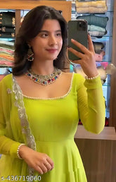 Parrot green Georgette kurta with long sleeves and no bottomwear, solid pattern, single size available for XS to XXL. Indian traditional attire on display