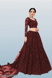 Maroon embroidered semi-stitched lehenga choli set with net fabric, Indian bridal wear on display