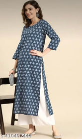 grey kurti set with printed palazzos, long sleeve Indian attire in grey color on mannequin