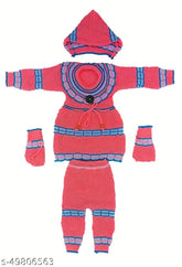 Trendy wool self-design net girls sweater set (0-6M, 6-12M), includes frock, pant, cap, bootie - India