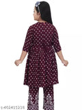 Maroon cotton blend party wear three-quarter sleeves round neck top & bottom set for beautiful kids girls (India)