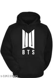 Black BTS printed fleece hoodie for women, long sleeves, K-pop style fashion accessory from India