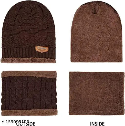 Brown wool unisex beanie with skull design & neck warmer, premium knit cap with scarf - ideal for winter wear