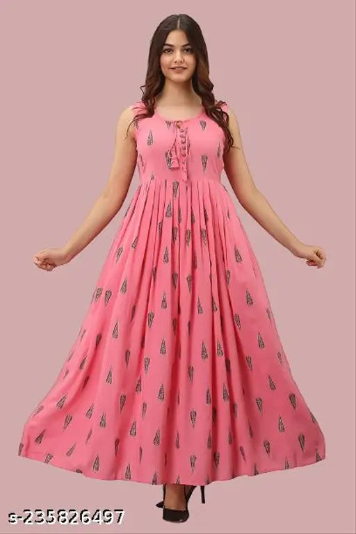Peach color rayon sleeveless anarkali kurti with tilak print, peach and white Indian outfit on mannequin