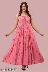 Peach rayon sleeveless Anarkali kurta with tilak print, vibrant peach color and intricate Indian pattern