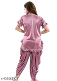 Purple satin women's patiala dhoti kurta set, comfortable for all-night sleepwear with optional robe