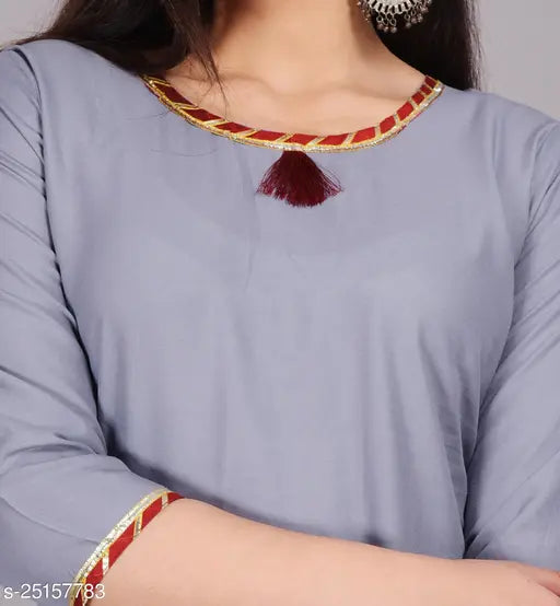 Rayon print stitched kurti with rayon pants set - beautiful women's solid net three-quarter sleeve kurta, India origin