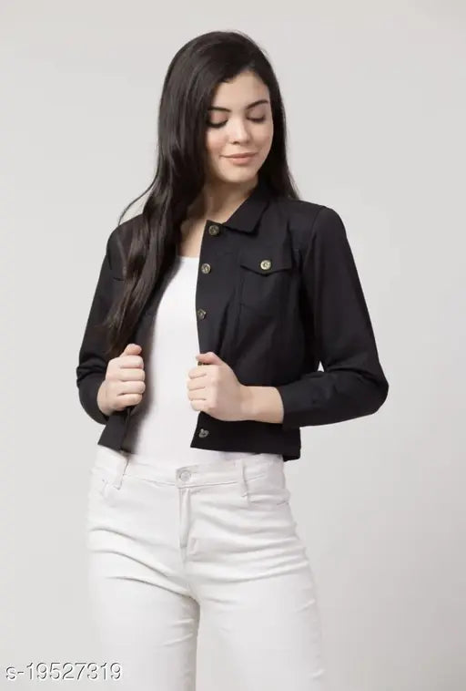 Solid women's denim jacket, three-quarter sleeves, indian made, size S (bust 34in, length 18in)