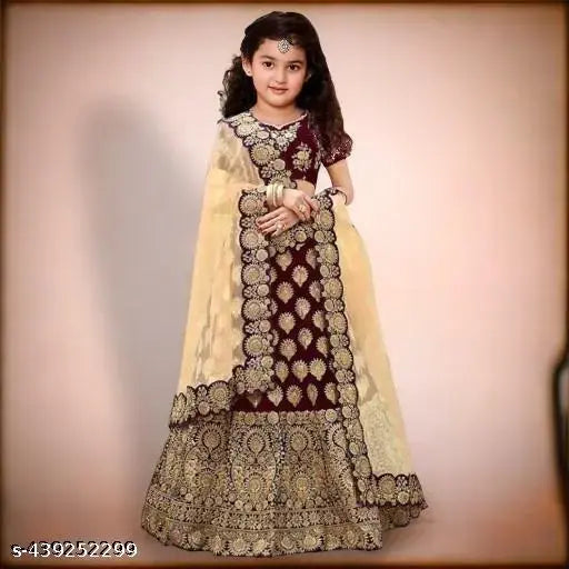 Acrylic kids' lehenga choli with short sleeves, embroidered top and net dupatta. Indian girls party wear outfit