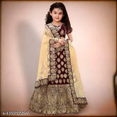 Acrylic kids' lehenga choli with short sleeves, embroidered top and net dupatta. Indian girls party wear outfit