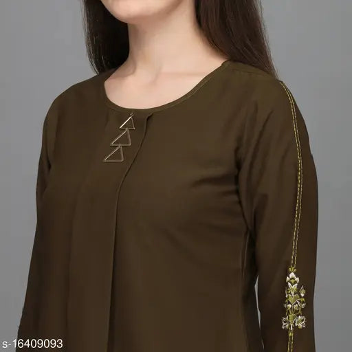 Green embroidered polyester western top with three-quarter sleeves, embellished net pattern. Women's size S to XXL, made in India