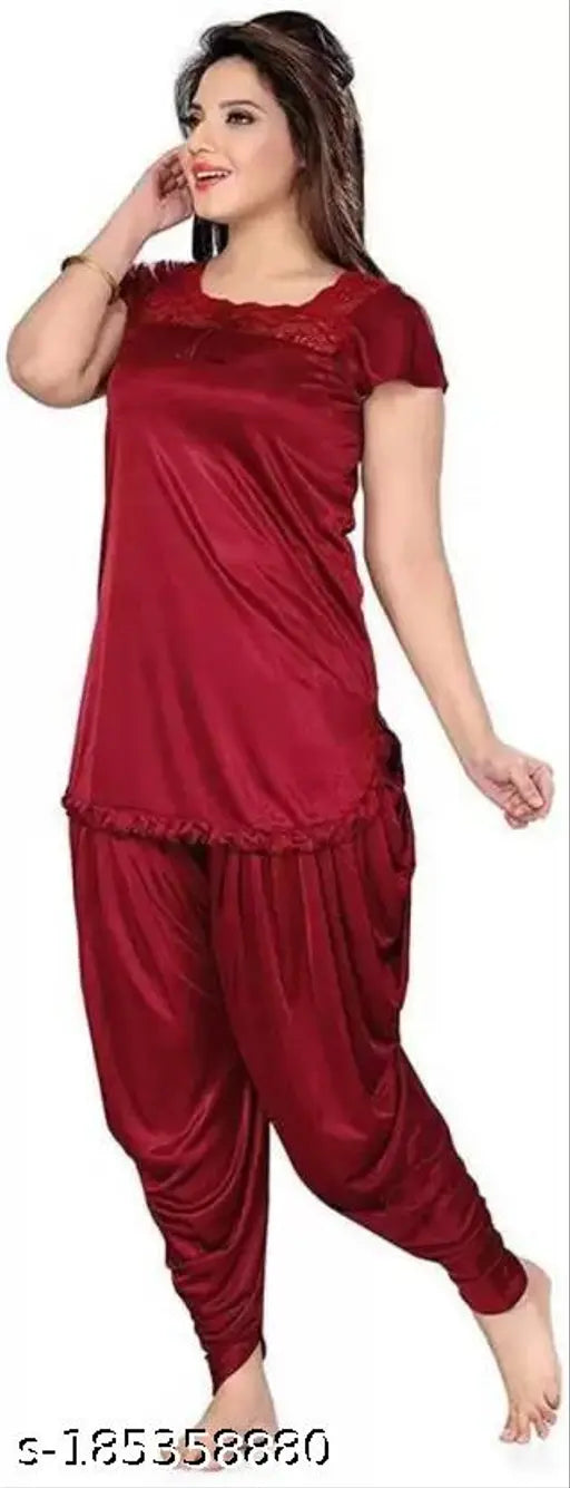 Key ocean satin top and Patyala pyjama nightsuit set, free size, solid pattern, Indian origin