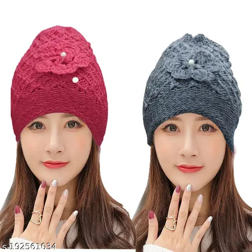 Woolen fur beanie hat (red & grey), warm knitted with fleece lining for women & girls, perfect winter accessory