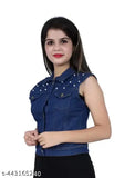 Denim sleeveless waistcoat for women - Comfy fashionable jacket, solid net pattern, size S (Bust 34in, Waist 28in, Hip 30in) Made in India