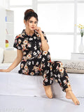 Women's printed satin nightsuite set, coordinating pyjamas for ladies and girls. Satin sleepwear with short sleeves and a printed pattern. Set includes 2 pieces in sizes M, L, XL, XXL. Made in India