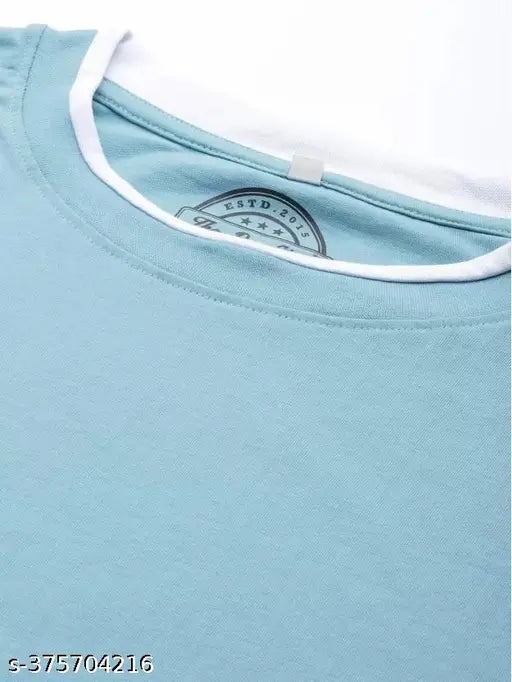 Light blue cotton blend long sleeved men's colorblock round neck T-shirt, perfect for casual wear