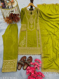 Green silk kurta with embroidery and sequins, Chinon quality. Full-length, three-quarter sleeves, includes dupatta and plazzo." (124 characters)
