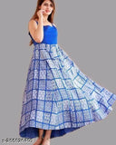 Royal blue printed Anarkali Kurta with white dot koti, rayon fabric, three-quarter sleeves. Indian women's fashion on mannequin