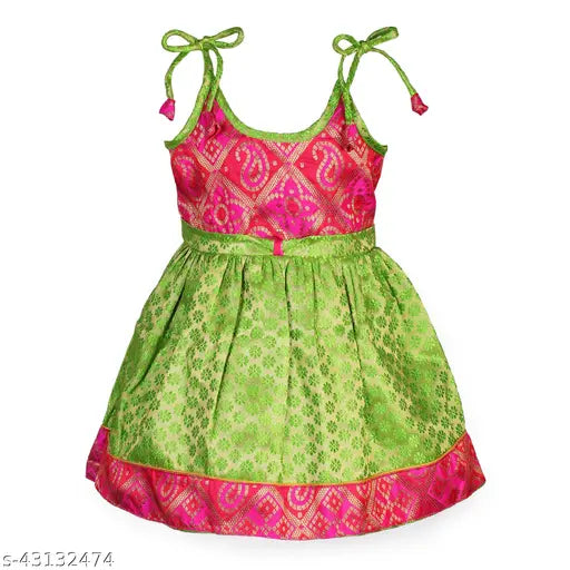 Green and pink designer mysore cotton frock for baby girls, self-design net style in silk blend fabric, sleeveless and fully stitched