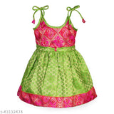 Green and pink designer mysore cotton frock for baby girls, self-design net style in silk blend fabric, sleeveless and fully stitched