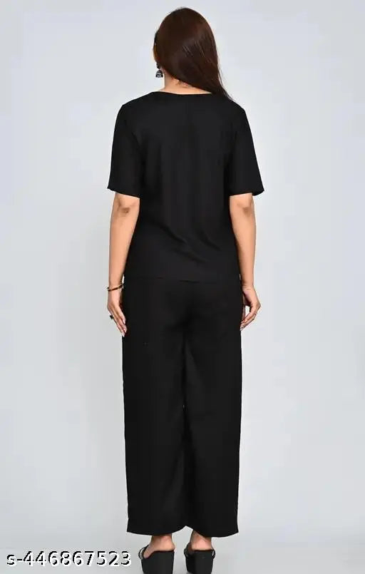 Cotton Linen and Embroidery Lounge Set for Women - 2 Piece Pack, featuring kurta top with puff sleeves & palazzo with half side belt, imported fabric with digital prints, country of origin: India