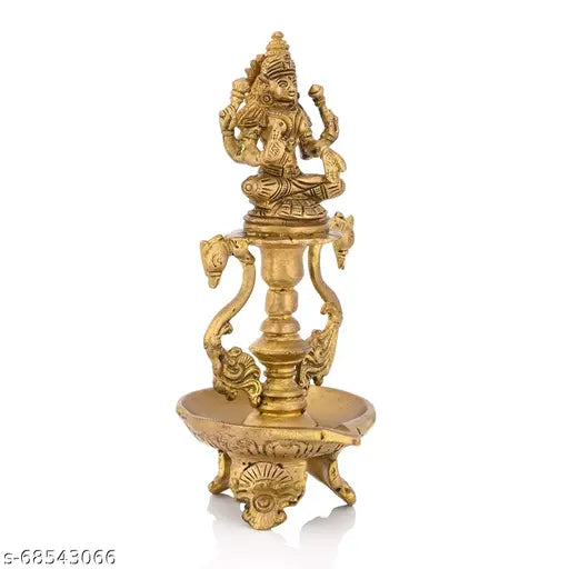 Brass antique Lakshmi Peacock diya oil lamp statue, handcrafted with gold finish, perfect for home pooja decor and gifts, 10cmL x 20.5cmH x 10cmB, India origin