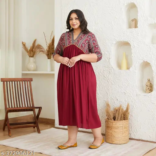 Rayon designer kurta, three-quarter sleeves, solid color, plus size clothing from India