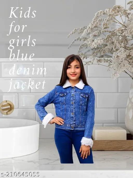 Blue denim jacket for kids, solid design with long sleeves, great for girls fashion