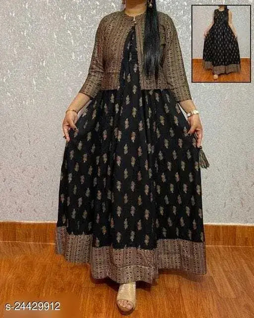 Rayon sleeveless printed kurti with jacket, fashionable Charvi design, India origin