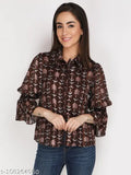 Long-sleeve polyester balloon shirt with printed net design, Indian-made fashionable top for all body types