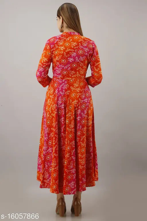 Orange rayon anarkali kurti with embellishments, three-quarter sleeves, printed combo. Women's fashion, Indian apparel." (97 characters)