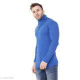 Blue cotton blend high neck long sleeves t-shirt by Blisstone, solid design