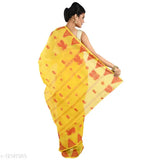 Yellow Jamdani style pure cotton Taant handloom saree without blouse for traditional daily & party wear