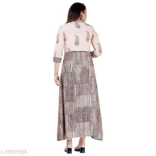 Women's muslin flared printed kurti, three-quarter sleeves, vibrant Indian print - M (Bust 38in, Length 47in)