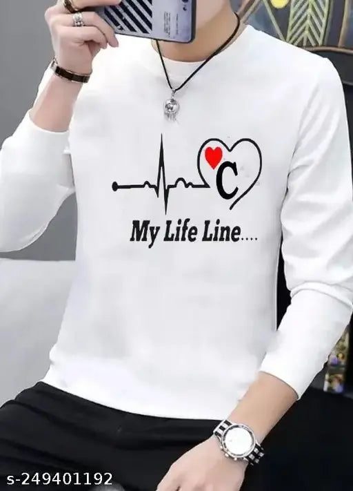Printed net polyester white casual men's long sleeve t-shirt, size S (36in x 28in), made in India