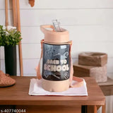 Orange polycarbonate anti-leak kids water bottle with cartoon animal design and straw strap, 450ml BPA free, pack of 1