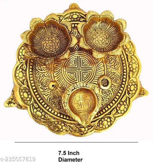 Brass pooja thali set with 4 gold diyas, handicraft & artifact showpiece for home, kitchen, office or gift