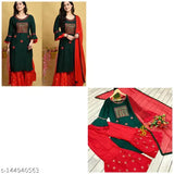 Embroidered rayon dupatta set with sharara, chiffon dupatta, three-quarter sleeves. Indian women's fashion, rayon fabric. L: bust 40in, kurta length 41in, bottom length 39in, duppatta length 2.1in. New exclusive design