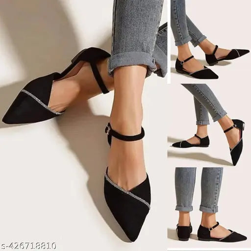 Black suede ballerinas for women and girls - solid pattern, buckle fastening, confident style