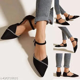 Black suede ballerinas for women and girls - solid pattern, buckle fastening, confident style
