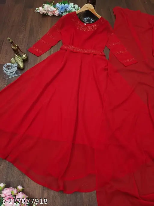 Royal blue Georgette maxi dress with flare sleeves, handcrafted in India