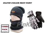 Grey arcylic unisex snow proof beanie cap with neck warmer set & military hand gloves, perfect for winter outdoor activities