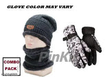 Grey arcylic unisex snow proof beanie cap with neck warmer set & military hand gloves, perfect for winter outdoor activities