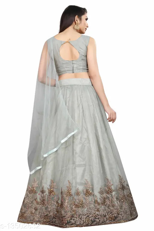 Grey nylon net zari work floral party lehenga choli with embroidered dupatta, semi-stitched, India
