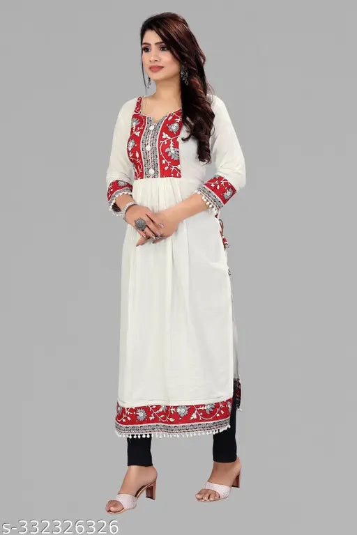 Rayon Naira Cut white Designer Kurti with Latkan, embroidered three-quarter sleeve fashion dress for office or occasions, made in India