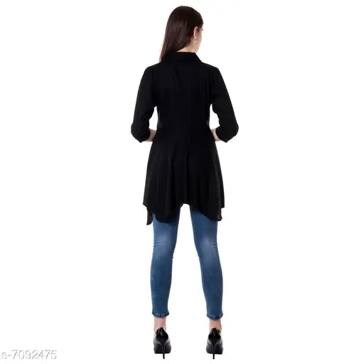 Black rayon three-quarter sleeve top for women, solid design, Indian origin